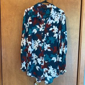 EUC Lane Bryant teal floral print l/s button down tunic shirt - size 14/16